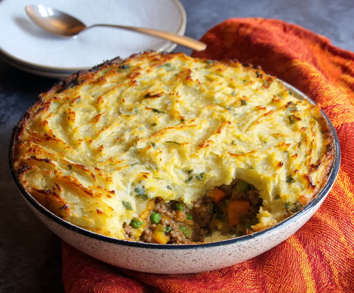 Delicious Irish Shepherd's Pie topped with creamy mashed potatoes and savory meat filling.