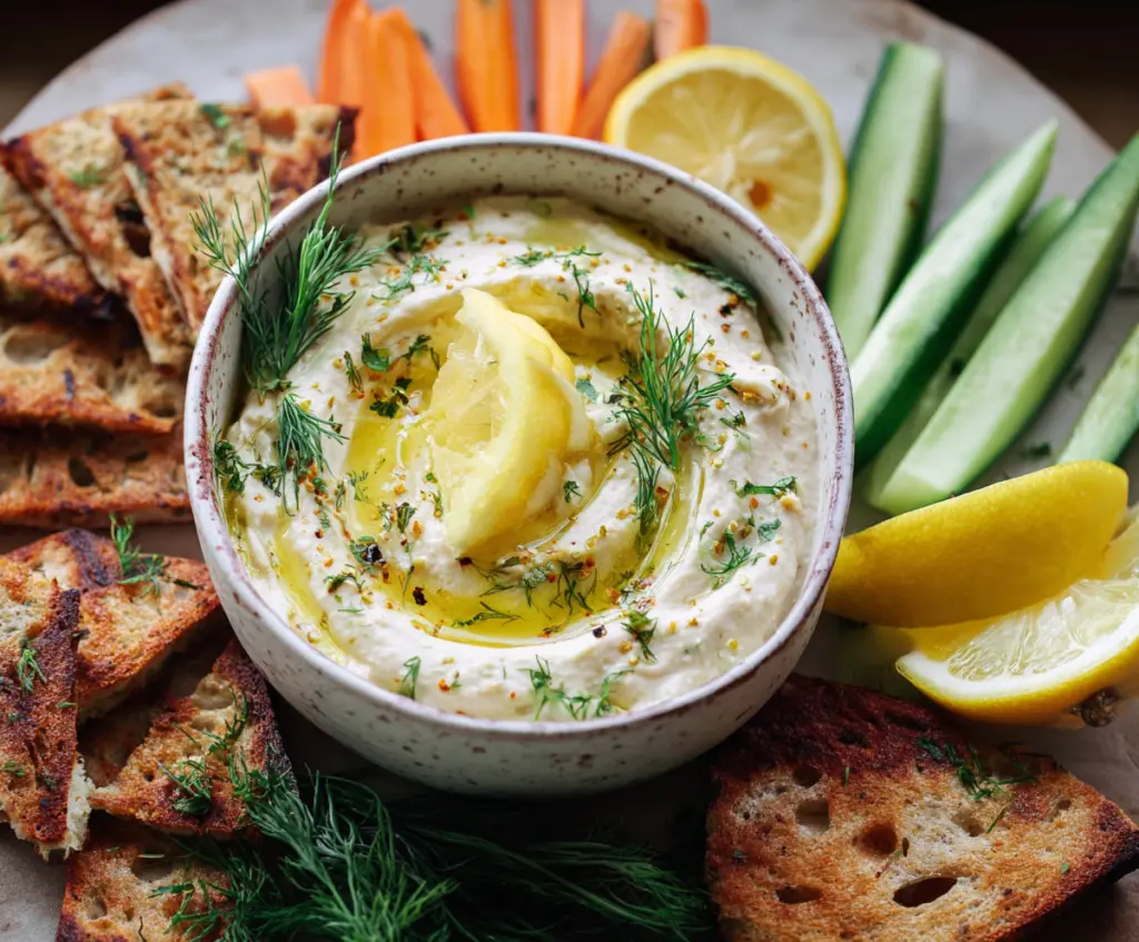 Creamy lemon and herb white bean dip served with fresh vegetables on a white platter