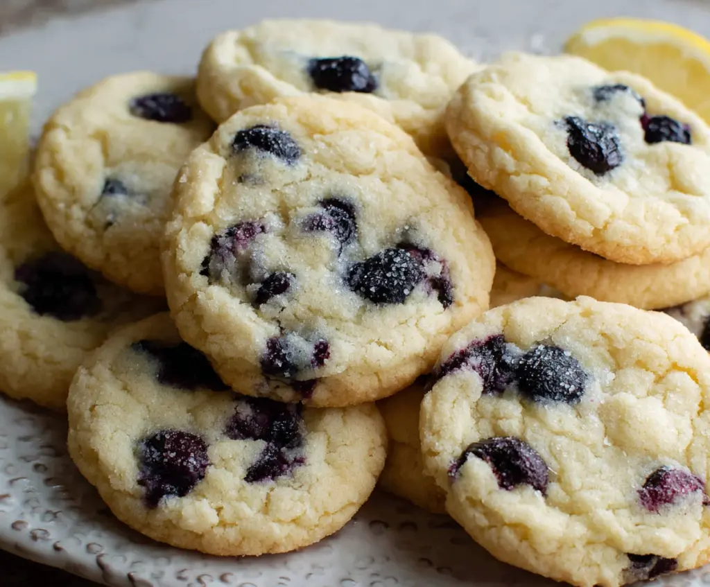 Delicious Lemon Blueberry Cookies with fresh blueberries and lemon zest on a plate.