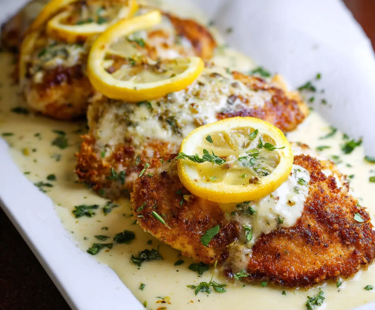 Delicious Lemon Chicken Romano dish with golden-brown chicken breasts topped with lemon slices and Romano cheese.