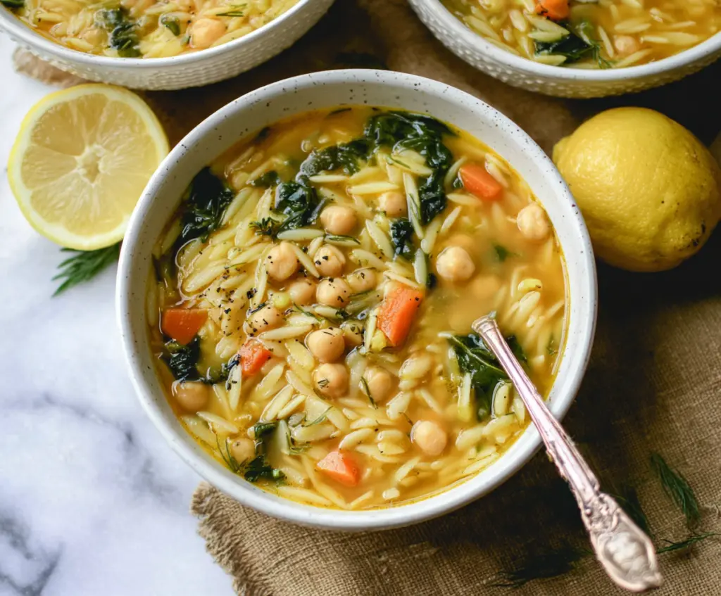 Delicious Lemon Chickpea Orzo Soup in a bowl, garnished with fresh herbs, showcasing a vibrant and hearty vegan meal.