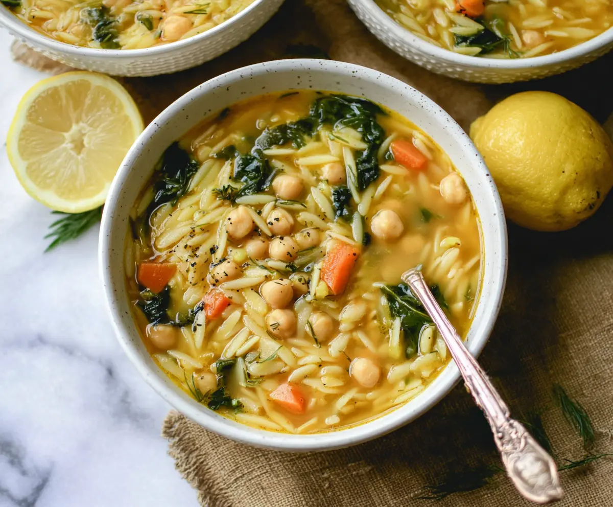 Delicious Lemon Chickpea Orzo Soup in a bowl, garnished with fresh herbs, showcasing a vibrant and hearty vegan meal.