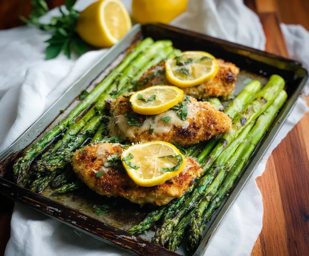 Juicy Lemon Parmesan Chicken served with fresh asparagus on a white plate