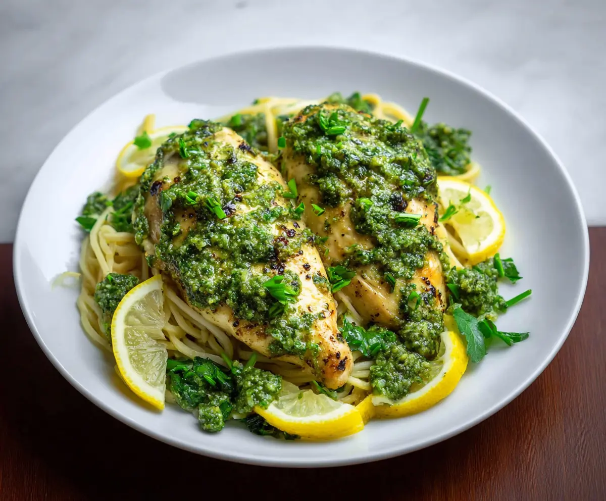Juicy Lemon Pesto Chicken served with fresh herbs and lemon wedges on a white plate.