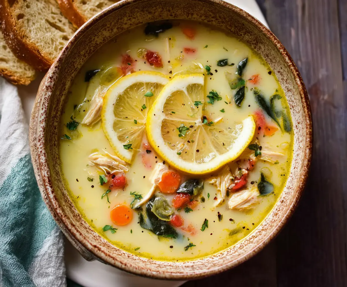 Hearty Mediterranean Lemon Chicken Soup in a rustic bowl with fresh herbs and lemon slices.