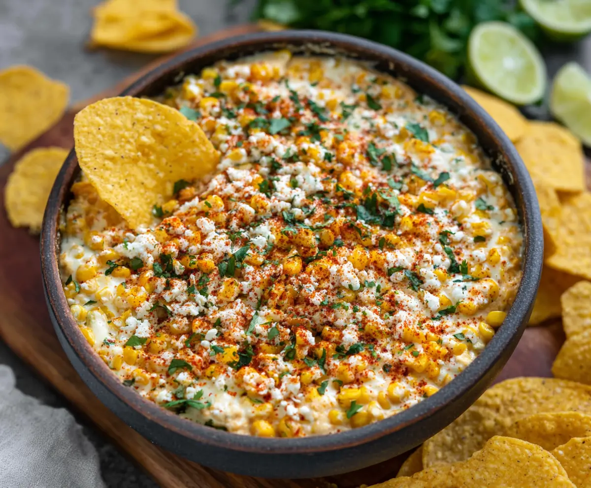 Delicious Mexican Corn Dip with fresh corn, cheese, and spices in a festive serving dish