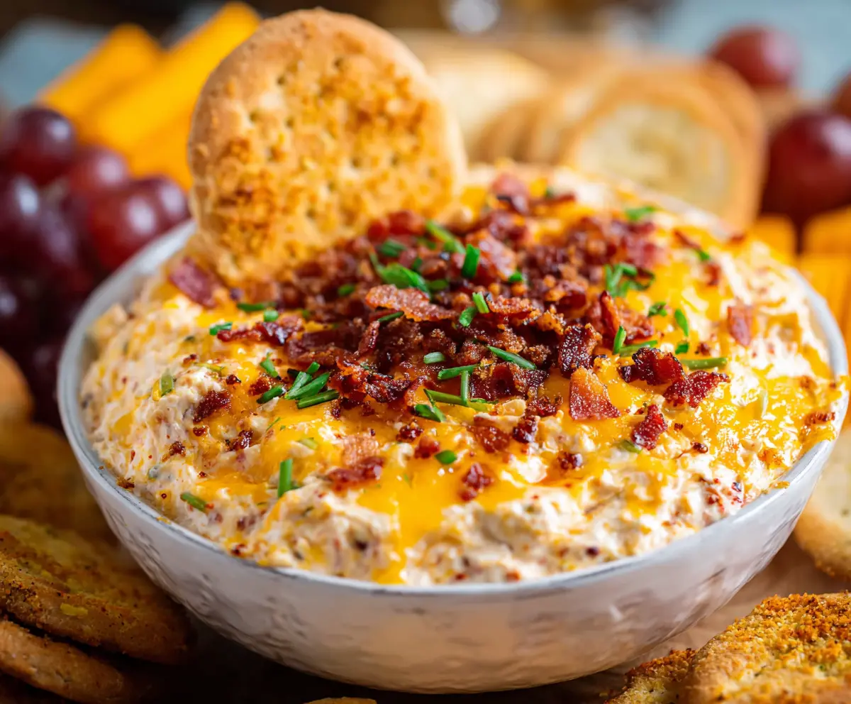 Creamy Million Dollar Dip with crispy bacon and melted cheese served in a bowl.
