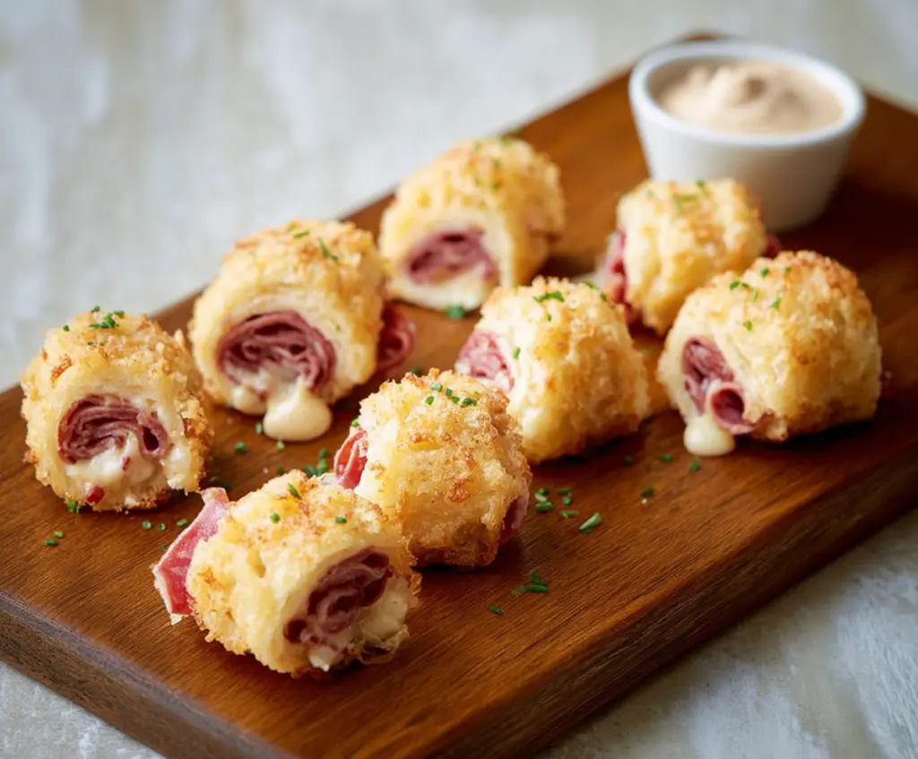 Mini Reuben Bites with corned beef, sauerkraut, Swiss cheese on rye crackers, perfect for appetizers.