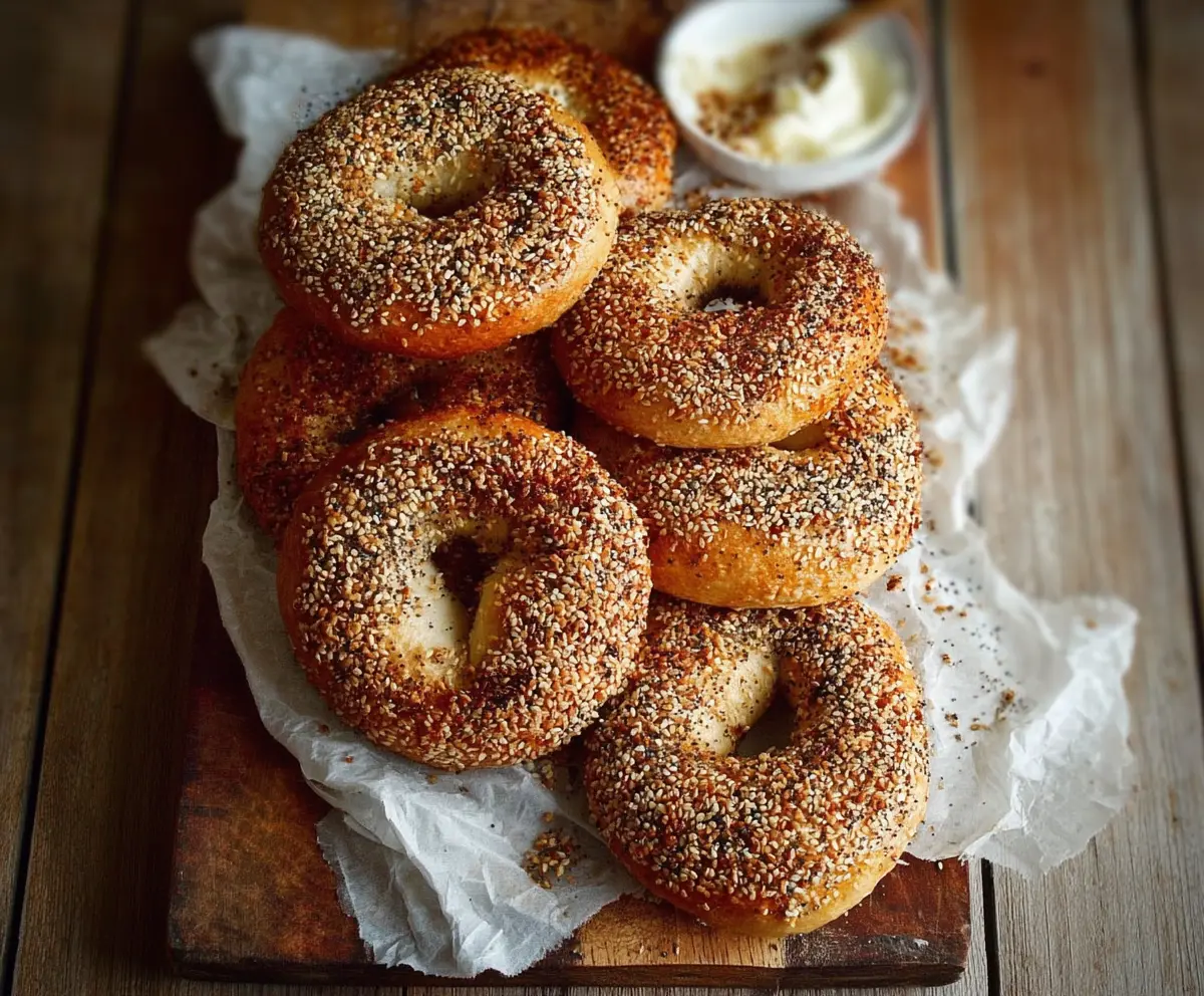 Freshly baked Montreal style bagels with a golden crust and chewy interior on a rustic wooden surface.