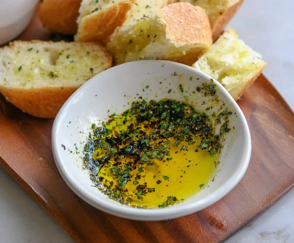 Creamy olive oil bread dip served with fresh herbs and crusty baguette slices.