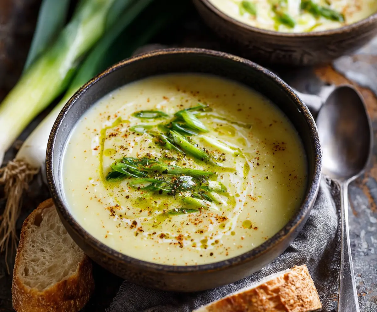 Creamy one-pot leek and potato soup in a bowl, garnished with fresh herbs, perfect for a comforting meal.