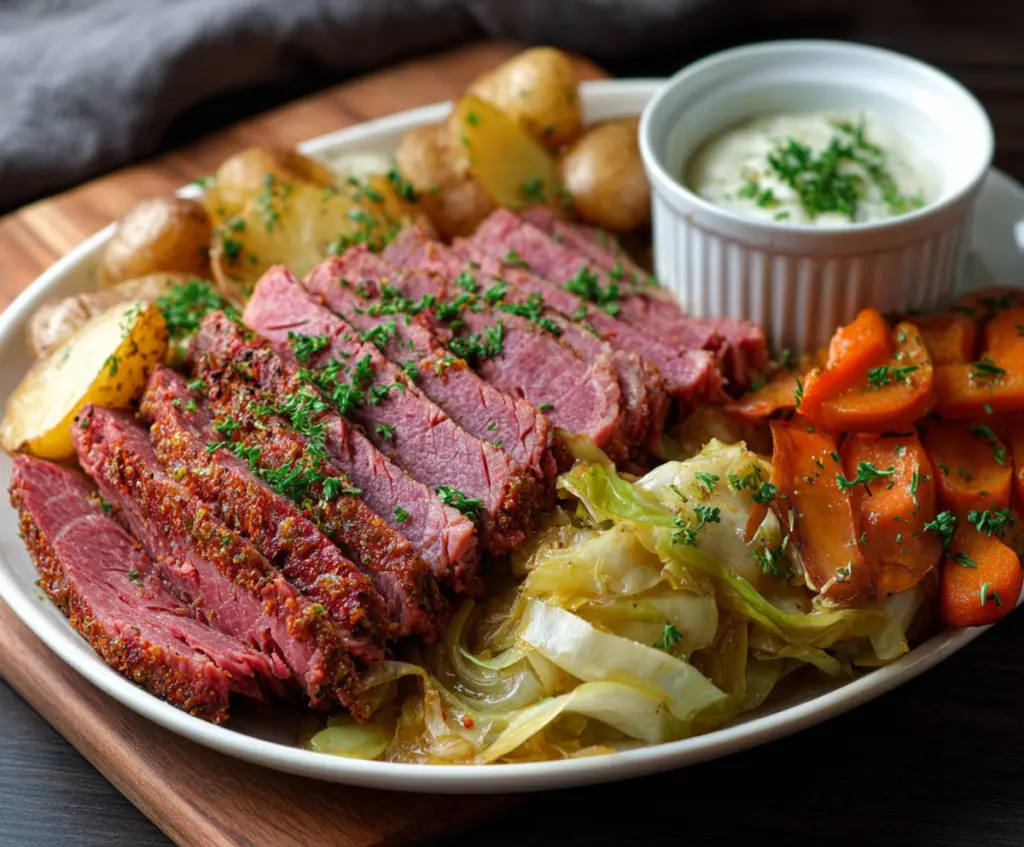 Delicious oven roasted corned beef with tender cabbage and vegetables on a plate.