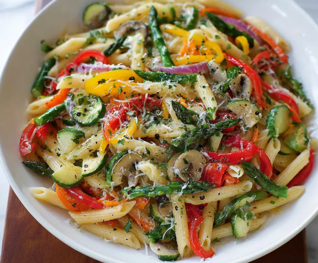 Colorful Pasta Primavera with fresh vegetables, herbs, and a light sauce served on a white plate.