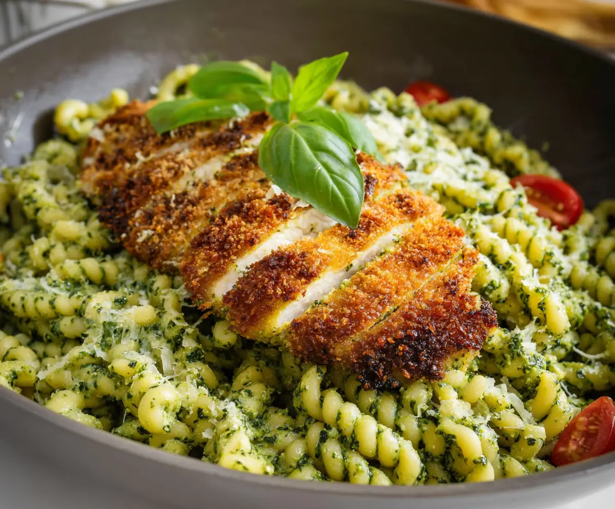 Delicious pesto pasta topped with crispy parmesan chicken slices, garnished with fresh herbs.