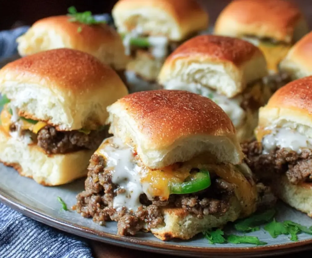 Delicious Philly Cheesesteak Sliders with Ground Beef on a serving platter.