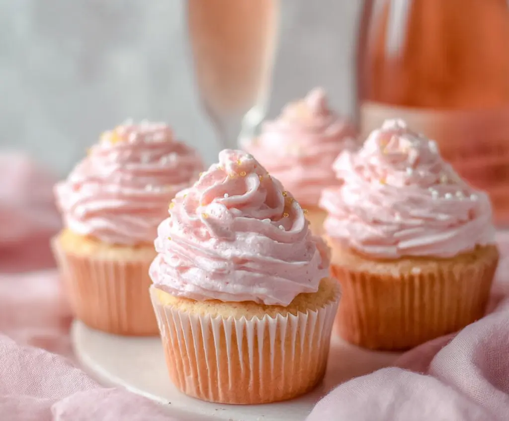 Delicious Pink Champagne Cupcakes topped with pink frosting and sprinkles, perfect for celebrations.