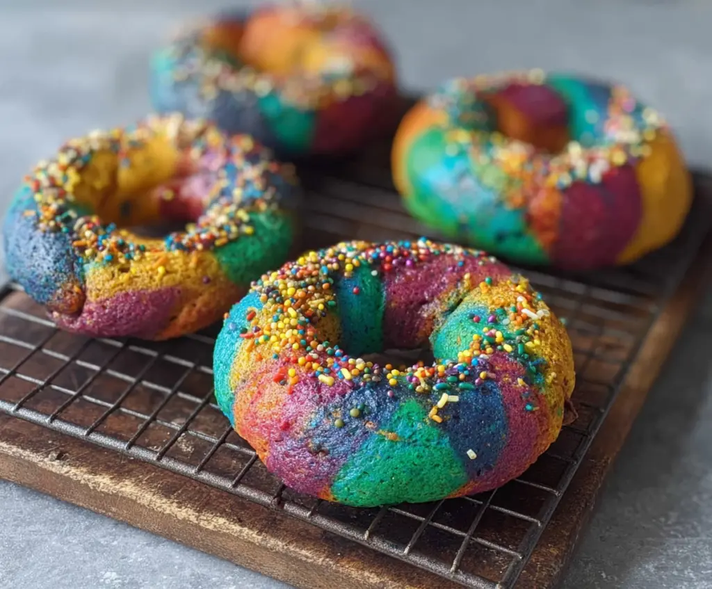 Colorful rainbow bagels arranged on a platter, showcasing vibrant swirls of multiple colors.