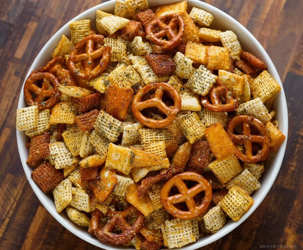 Crunchy Ranch Chex Mix snack in a clear bowl with pretzels, nuts, and seasoning