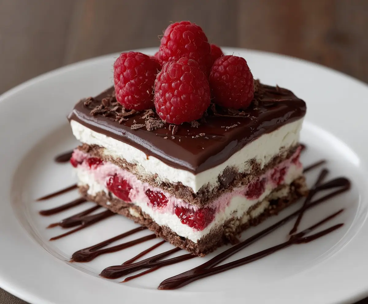 Delicious raspberry chocolate lasagna dessert with layered cream and rich chocolate topping