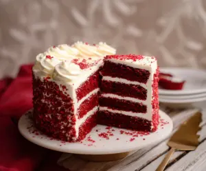 Delicious homemade Red Velvet Cake with smooth cream cheese frosting on a white plate.