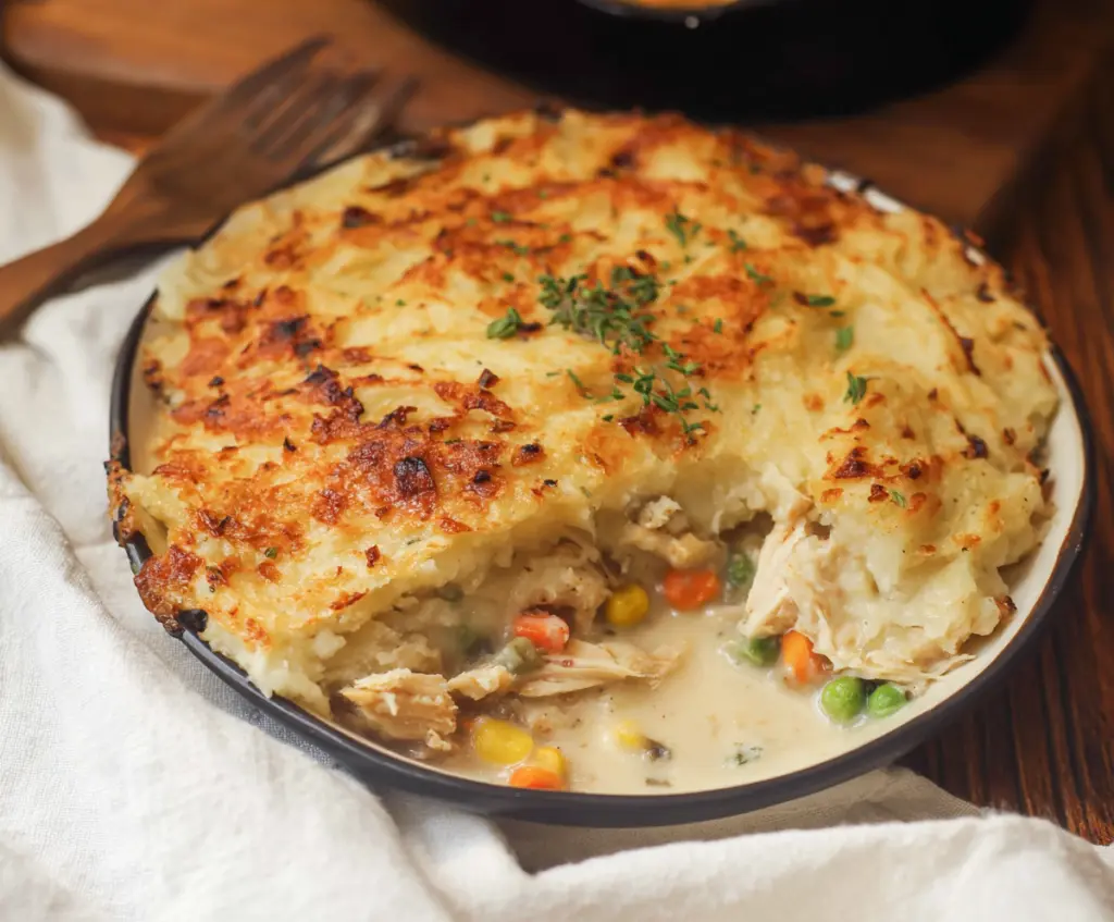 Delicious Rotisserie Chicken Shepherd's Pie topped with golden mashed potatoes and savory filling