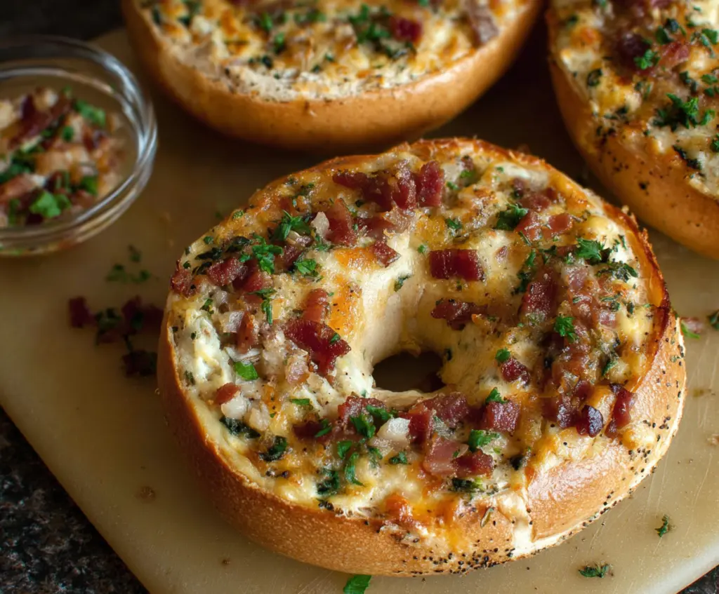 Delicious savory quiche stuffed bagels with golden crust and cheesy filling.