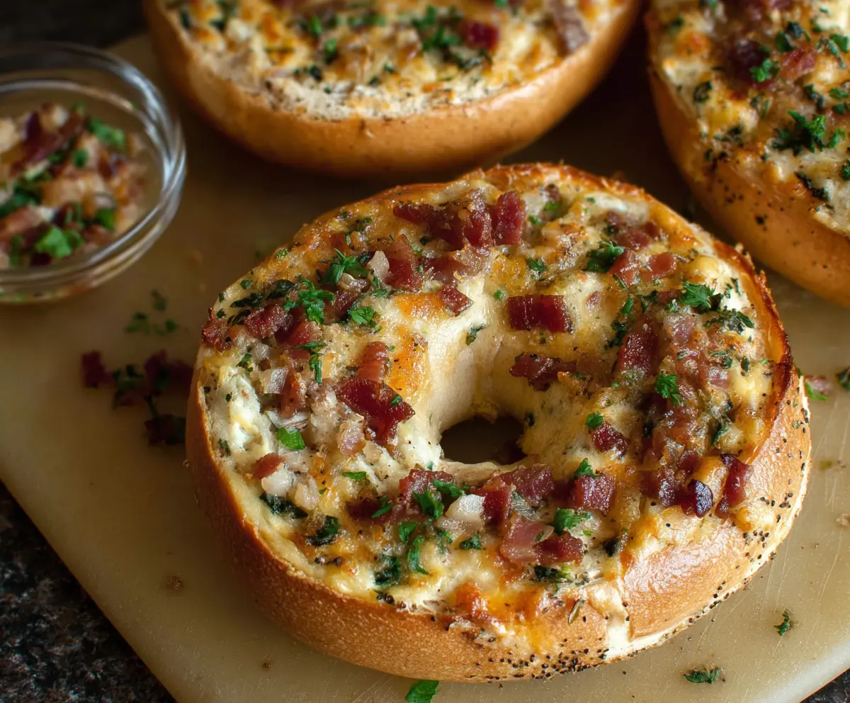 Delicious savory quiche stuffed bagels with golden crust and cheesy filling.