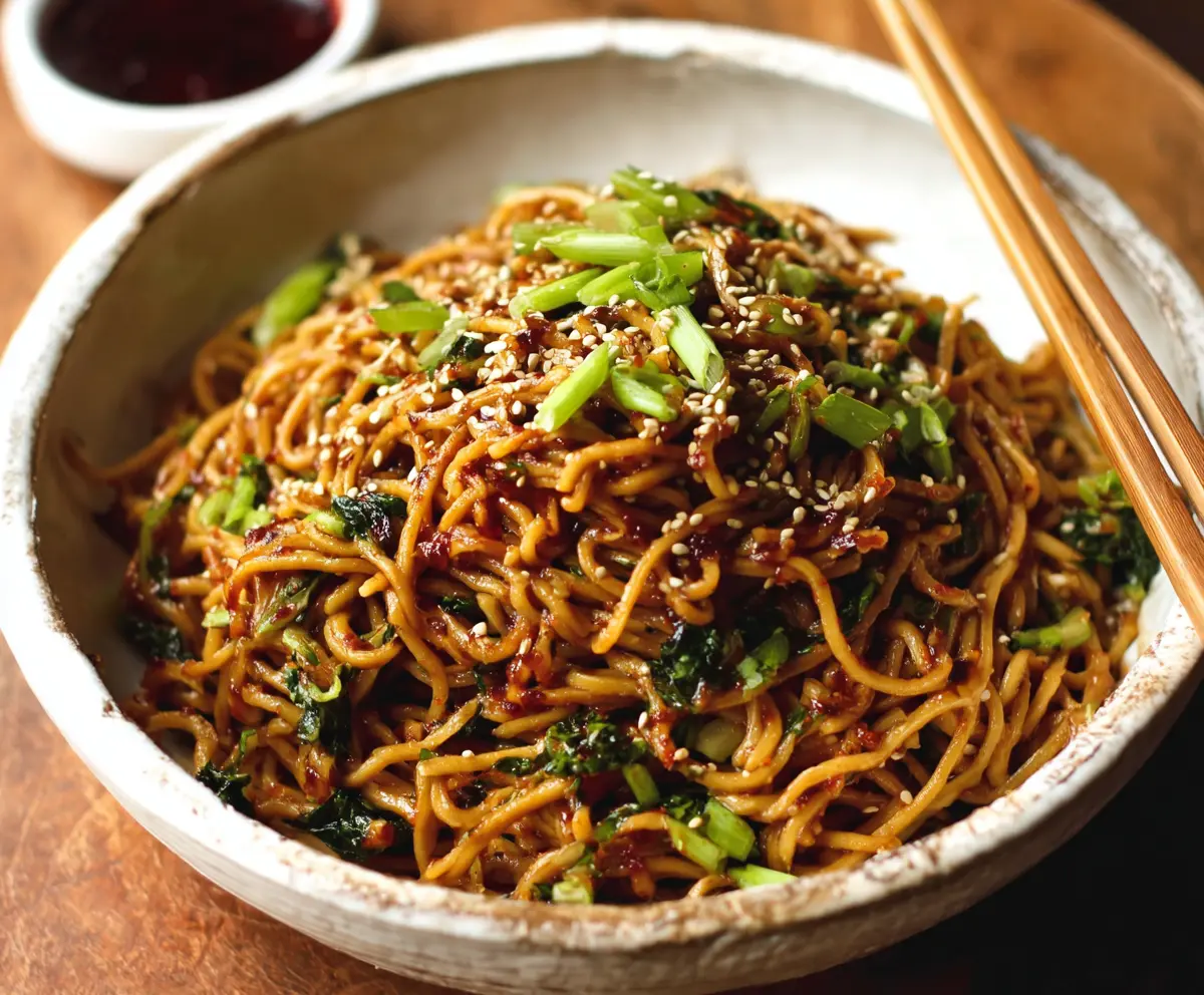 Delicious sesame garlic noodles served in a bowl, garnished with green onions and sesame seeds.