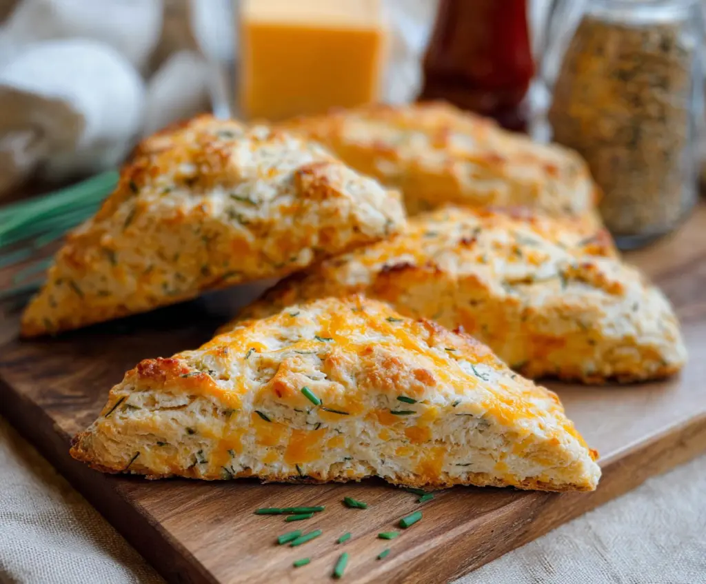 Golden scones made with sharp cheddar cheese and fresh chives on a rustic wooden table.