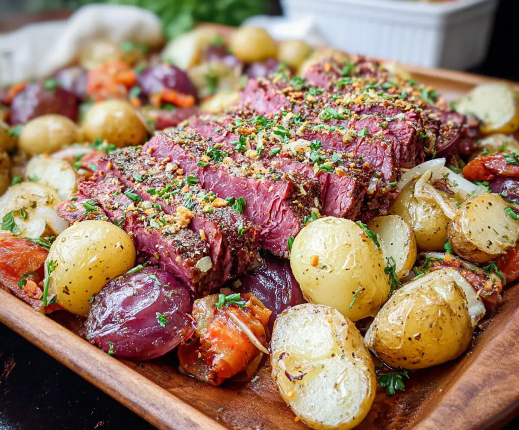 Delicious sheet pan corned beef served with vegetables for a hearty meal