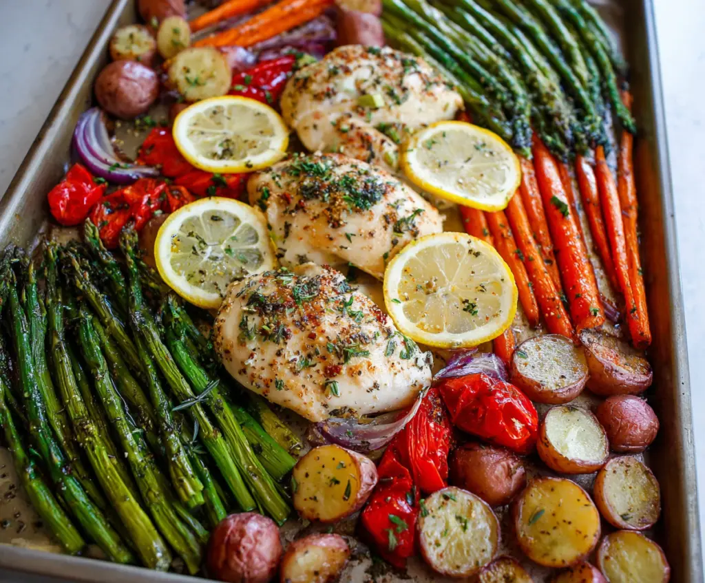 Delicious sheet pan lemon herb chicken with roasted vegetables on a serving platter.