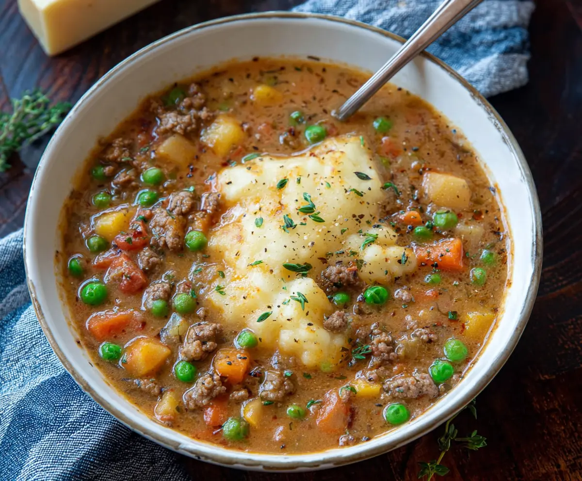 Warm Shepherd's Pie Soup with minced beef, vegetables, and creamy mashed potato topping in a bowl.