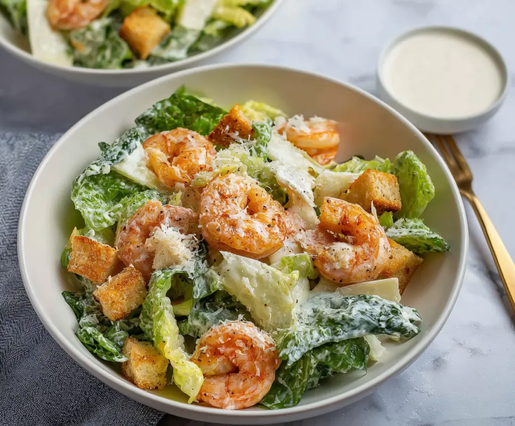Fresh Shrimp Caesar Salad with crisp romaine lettuce, creamy Caesar dressing, and topped with grated Parmesan cheese.