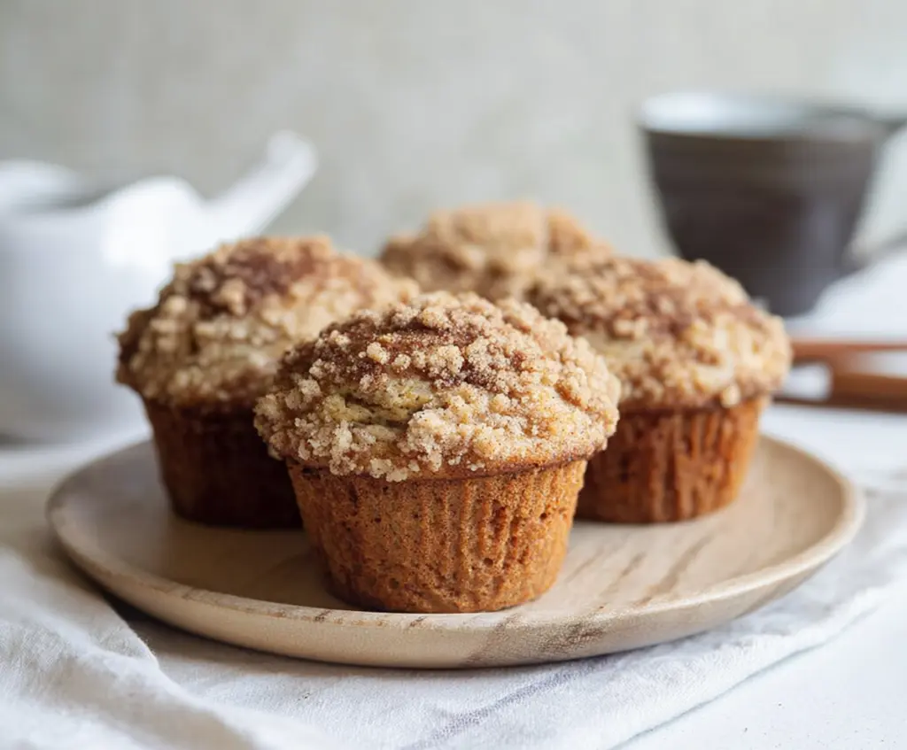 Delicious sourdough discard cinnamon streusel muffins with a crunchy topping.