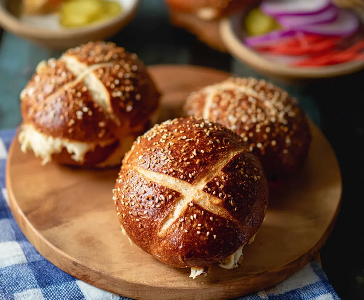 Homemade sourdough discard pretzel buns fresh out of the oven, golden and soft.