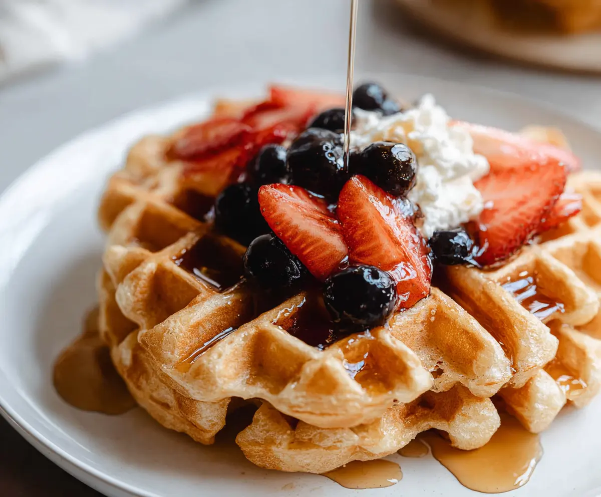 Delicious homemade sourdough discard waffles served on a plate with syrup and fresh berries