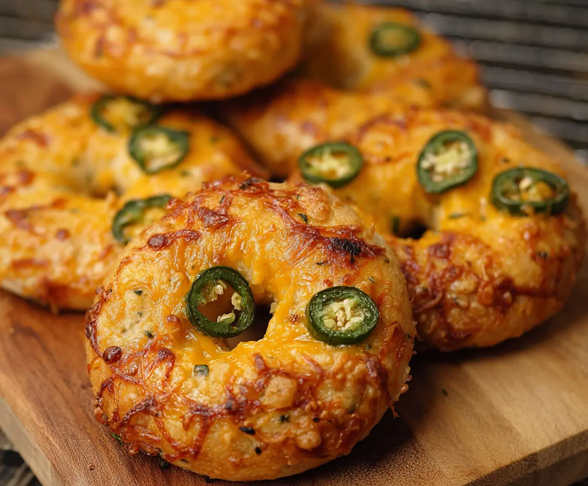 Delicious spicy jalapeño cheddar bagels with melted cheese and fresh jalapeño slices.