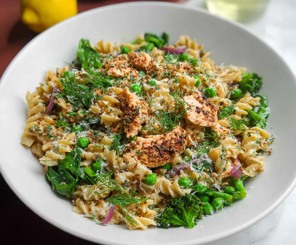 Colorful spring pasta salad with fresh vegetables and lean protein on a white plate.