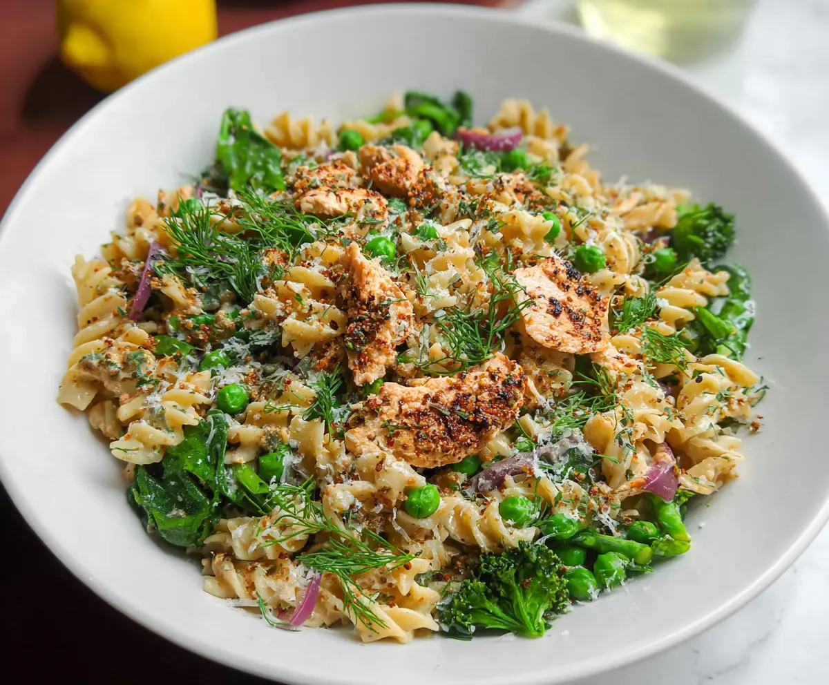 Colorful spring pasta salad with fresh vegetables and lean protein on a white plate.