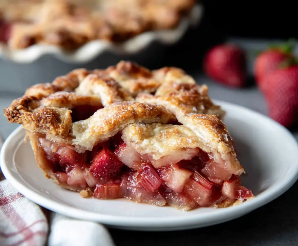 Delicious homemade strawberry rhubarb pie with a golden crust and vibrant fruit filling.