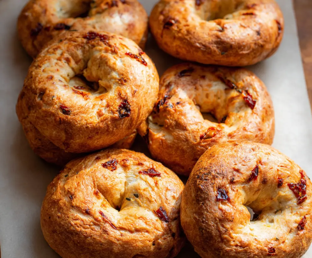 Sun-Dried Tomato Sourdough Bagels fresh out of the oven on a bakery tray.