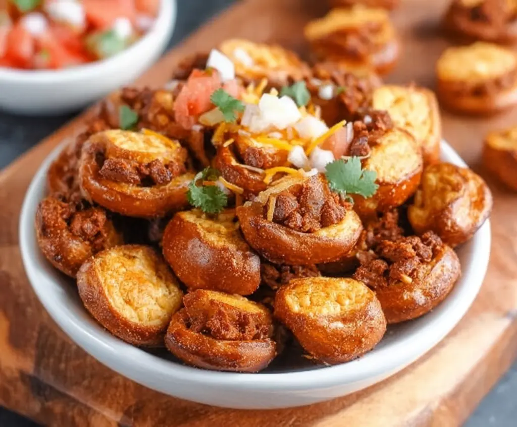 Delicious Taco Pretzel Bites served with fresh toppings, perfect for snack or party appetizer