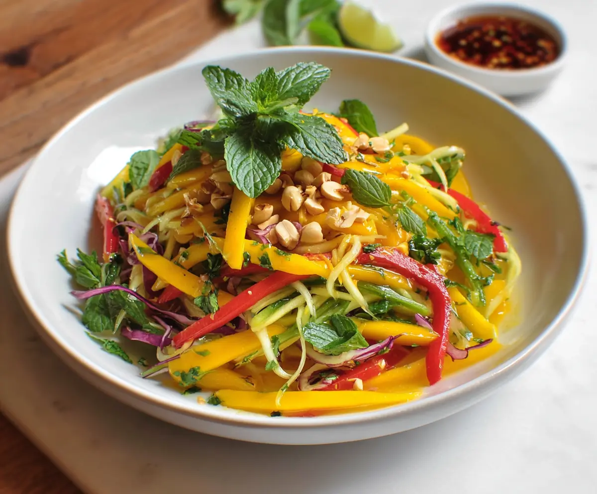 Fresh Thai mango salad with herbs and chili, vibrant and colorful.