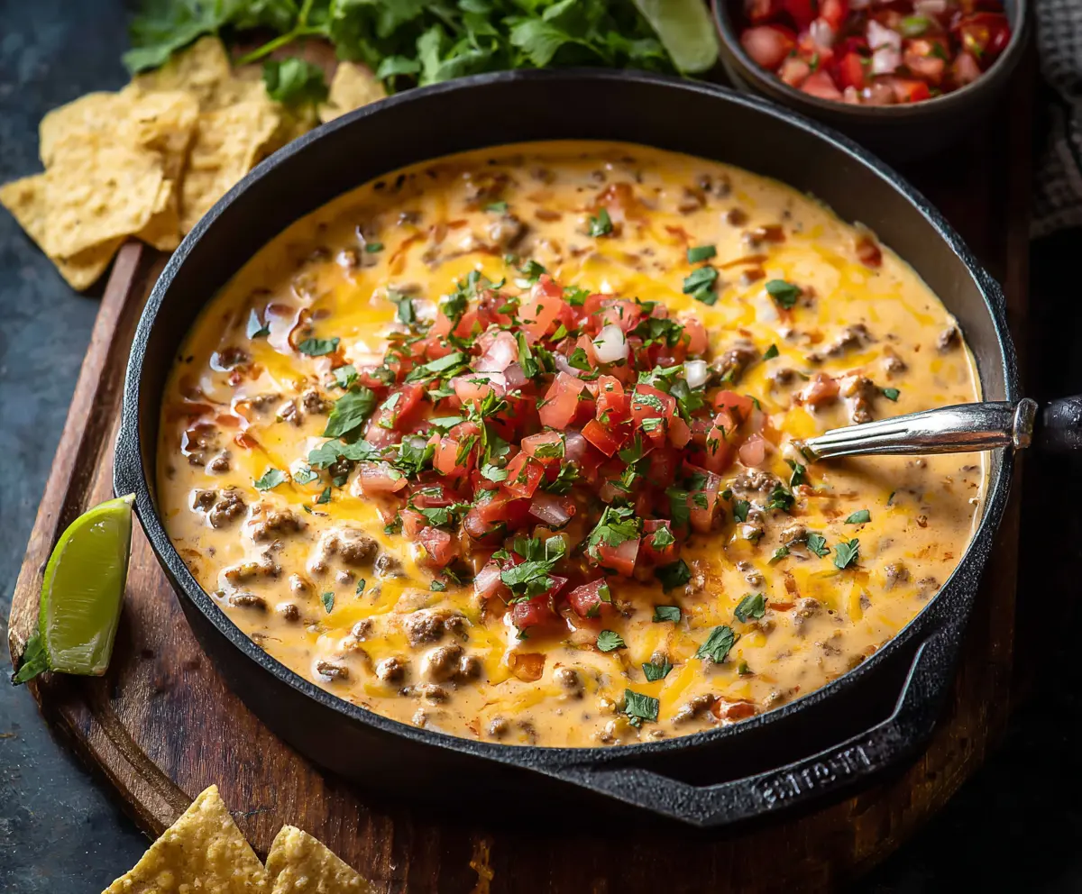 Creamy Cowboy Queso Dip served with tortilla chips in a rustic bowl.