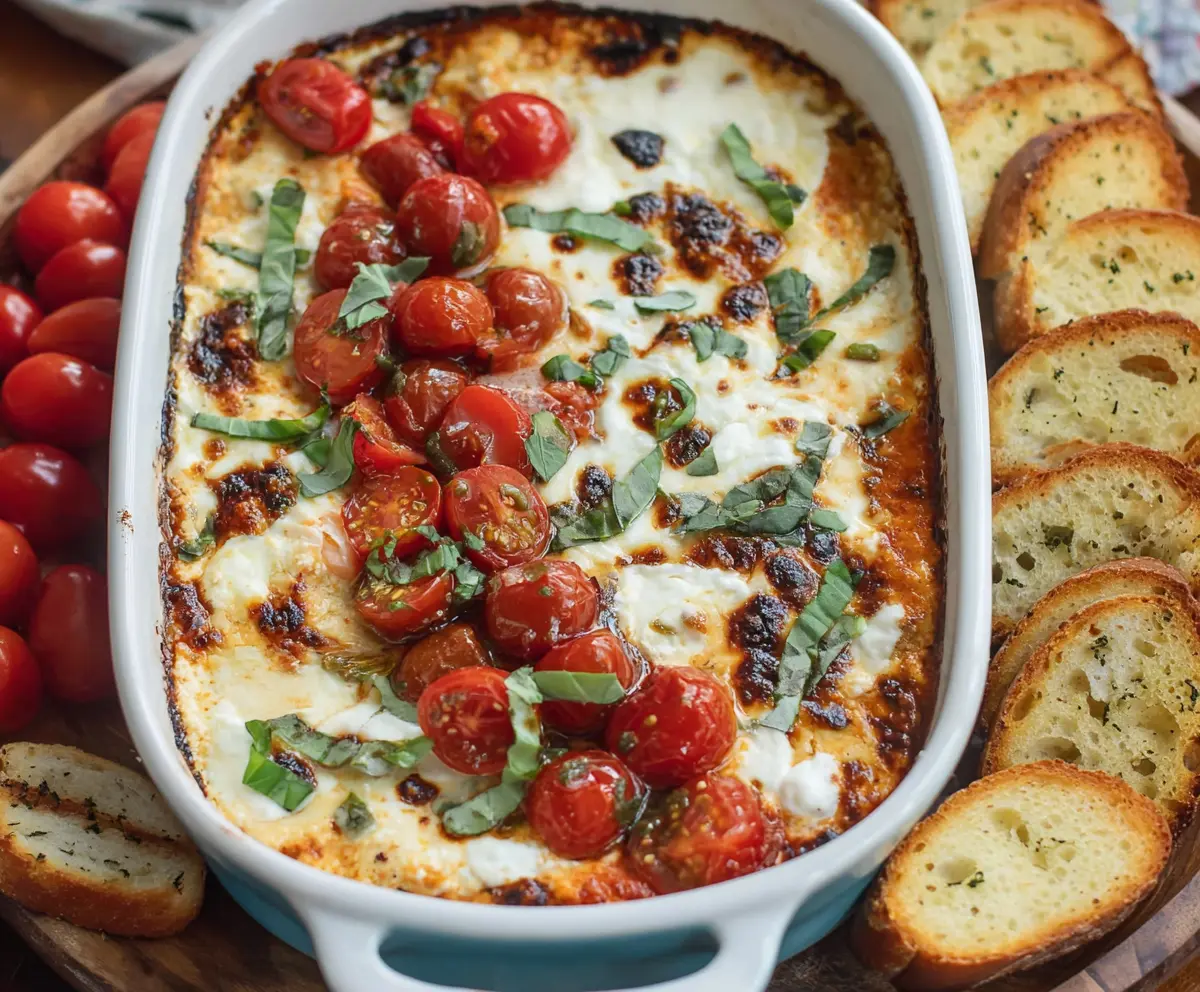 Creamy Tomato Mozzarella Caprese Dip served in a white bowl, garnished with fresh basil leaves.