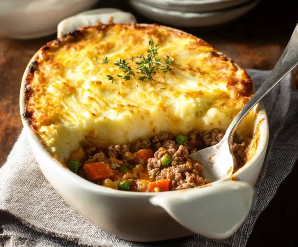 Delicious homemade Turkey Shepherd's Pie topped with mashed potatoes and fresh herbs