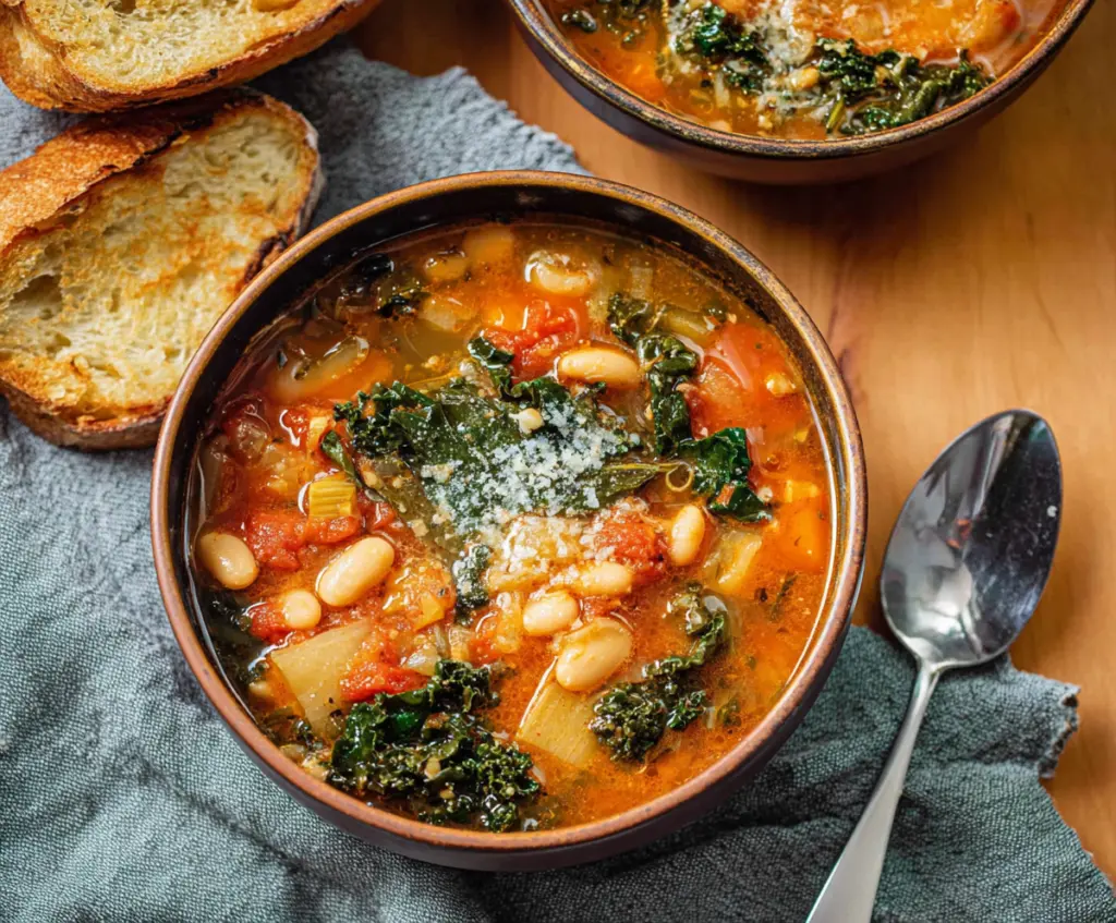 Delicious Tuscan Ribollita soup with fresh vegetables and hearty bread in a rustic bowl.