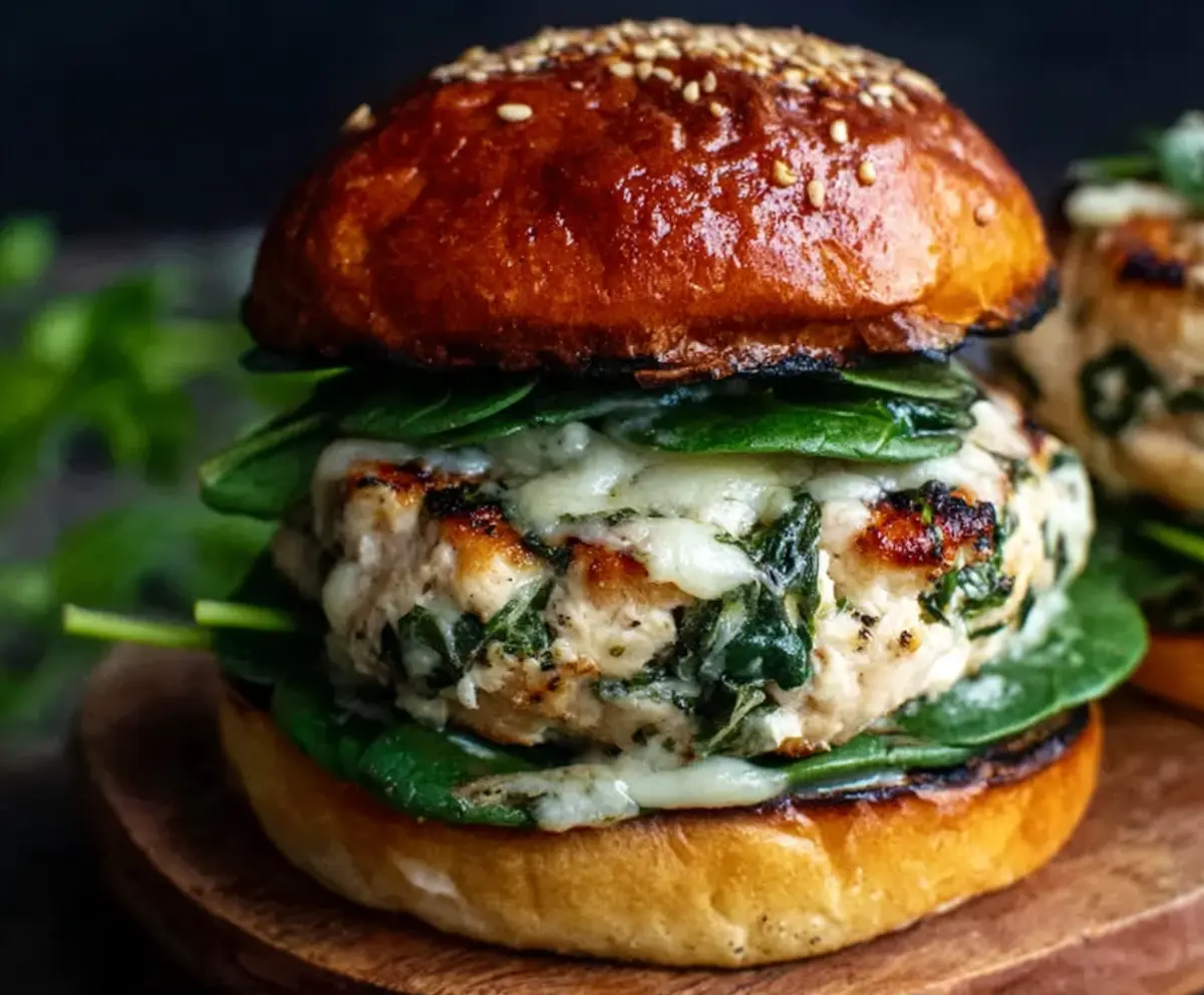 Juicy White Cheddar Spinach Chicken Burgers served with fresh greens and a toasted bun.