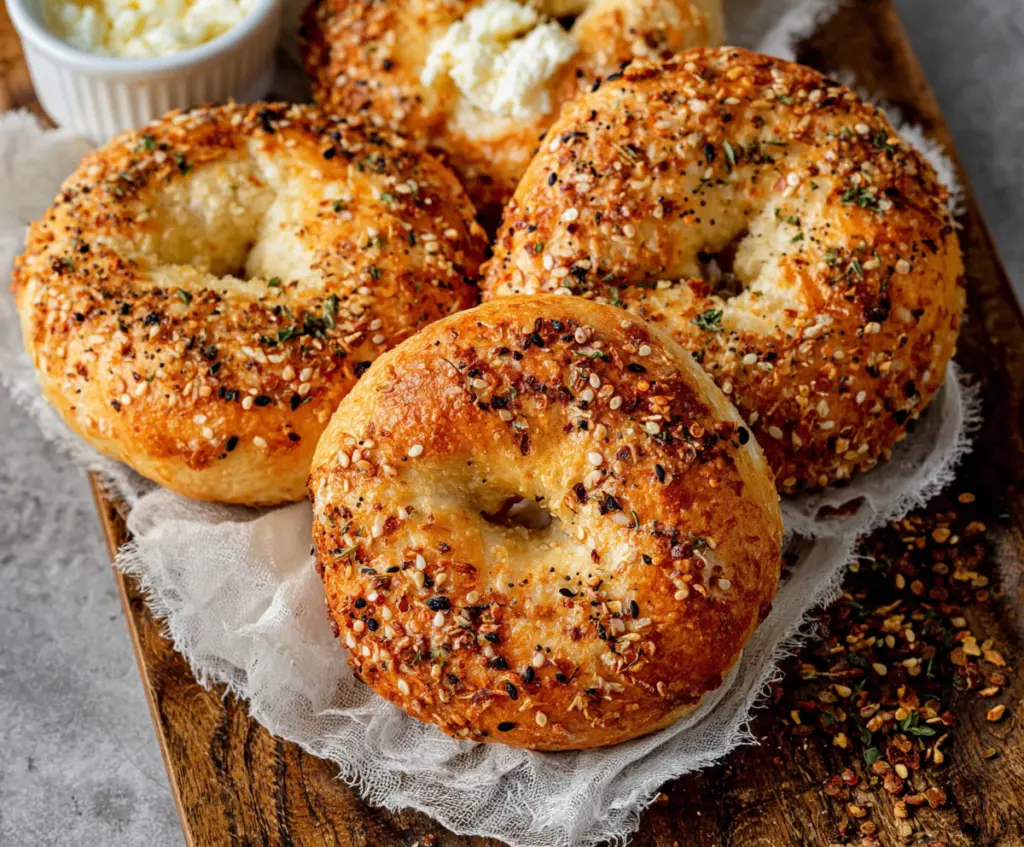 Delicious 3 ingredient air fryer cottage cheese bagels on a wooden cutting board.