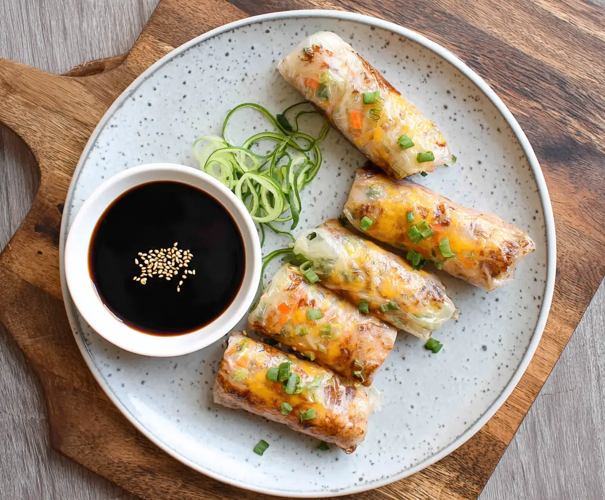 Delicious air fryer rice paper rolls filled with fresh vegetables and herbs served on a white plate.